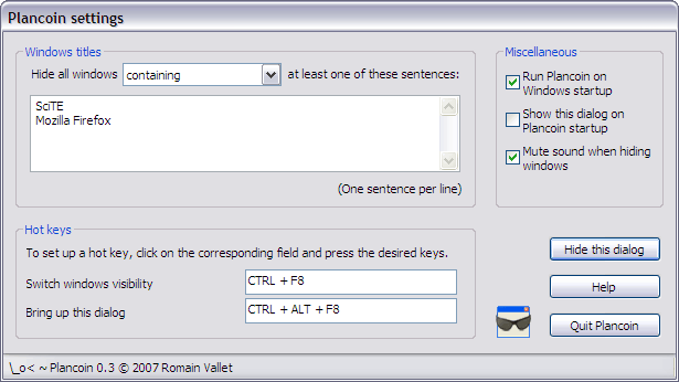 Plancoin Settings window